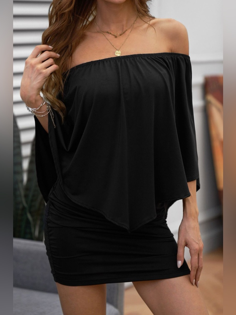Off-Shoulder Three-Quarter Sleeve Mini Dress